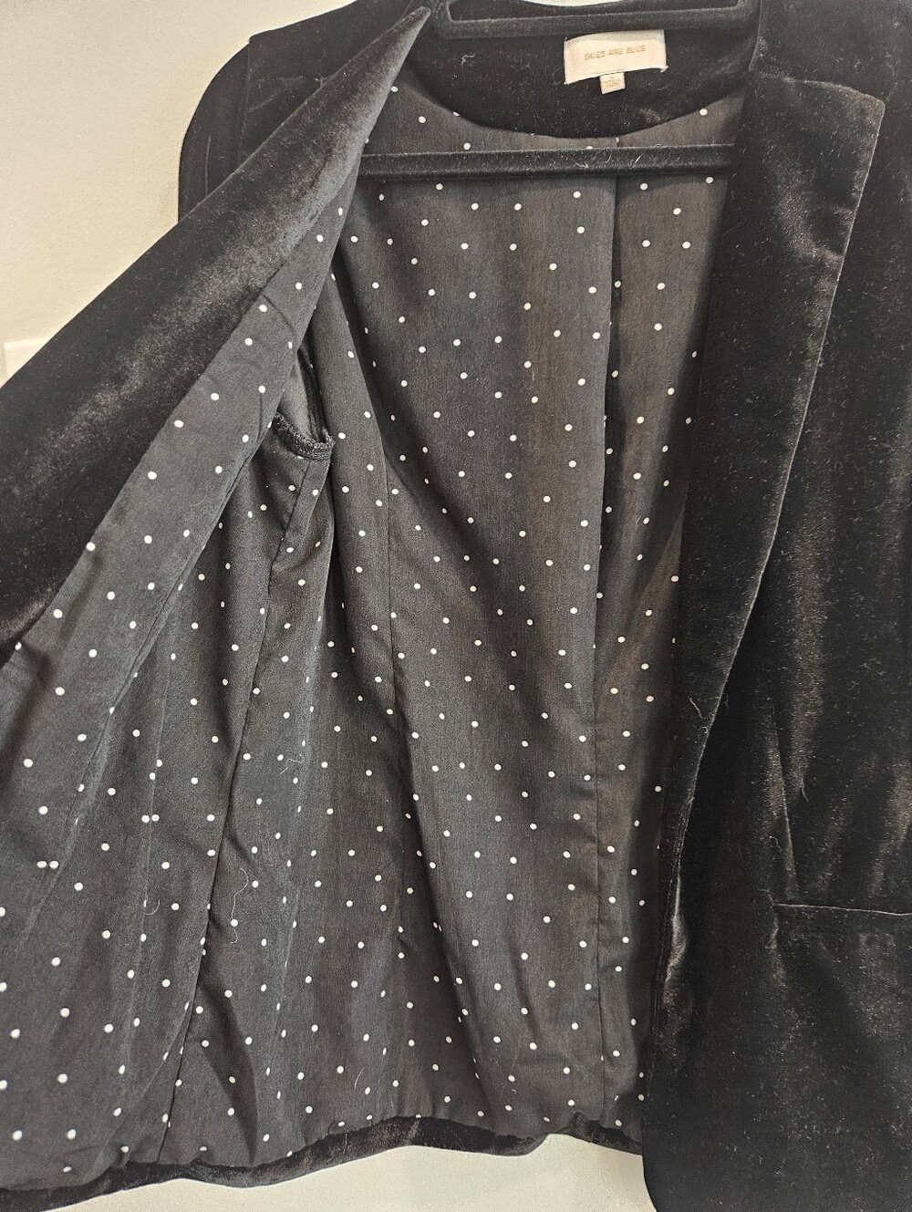 Black Velvet Blazer With Polka Dot Lining - Picture 2 of 5